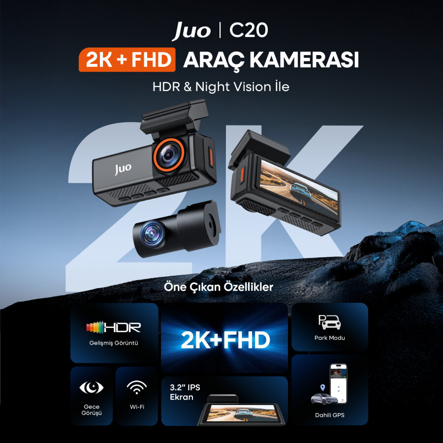 Juo C20 2K QHD Ön + FHD Arka 2 Kameralı WiFi GPS HDR Araç Kamerası Ekranlı 170° Geniş Açı Gece Görüş Araç içi Kamera - 2