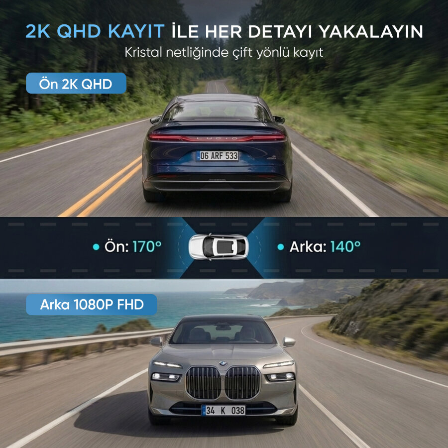 Juo C20 2K QHD Ön + FHD Arka 2 Kameralı WiFi GPS HDR Araç Kamerası Ekranlı 170° Geniş Açı Gece Görüş Araç içi Kamera - 3