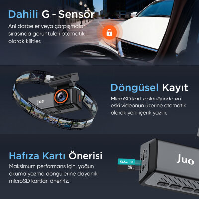 Juo C20 2K QHD Ön + FHD Arka 2 Kameralı WiFi GPS HDR Araç Kamerası Ekranlı 170° Geniş Açı Gece Görüş Araç içi Kamera - 6