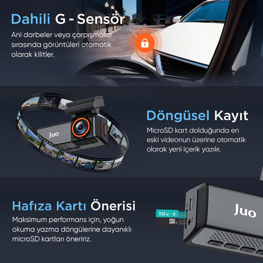 Juo C20 2K QHD Ön + FHD Arka 2 Kameralı WiFi GPS HDR Araç Kamerası Ekranlı 170° Geniş Açı Gece Görüş Araç içi Kamera - 6