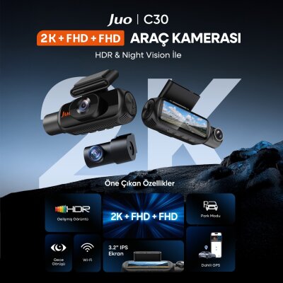 Juo C30 2K 3 Kameralı QHD Ön  + FHD İç + FHD Arka WiFi GPS HDR 170 Derece Geniş Açı Gece Görüşlü Ekranlı Araç İçi Kamera - 2