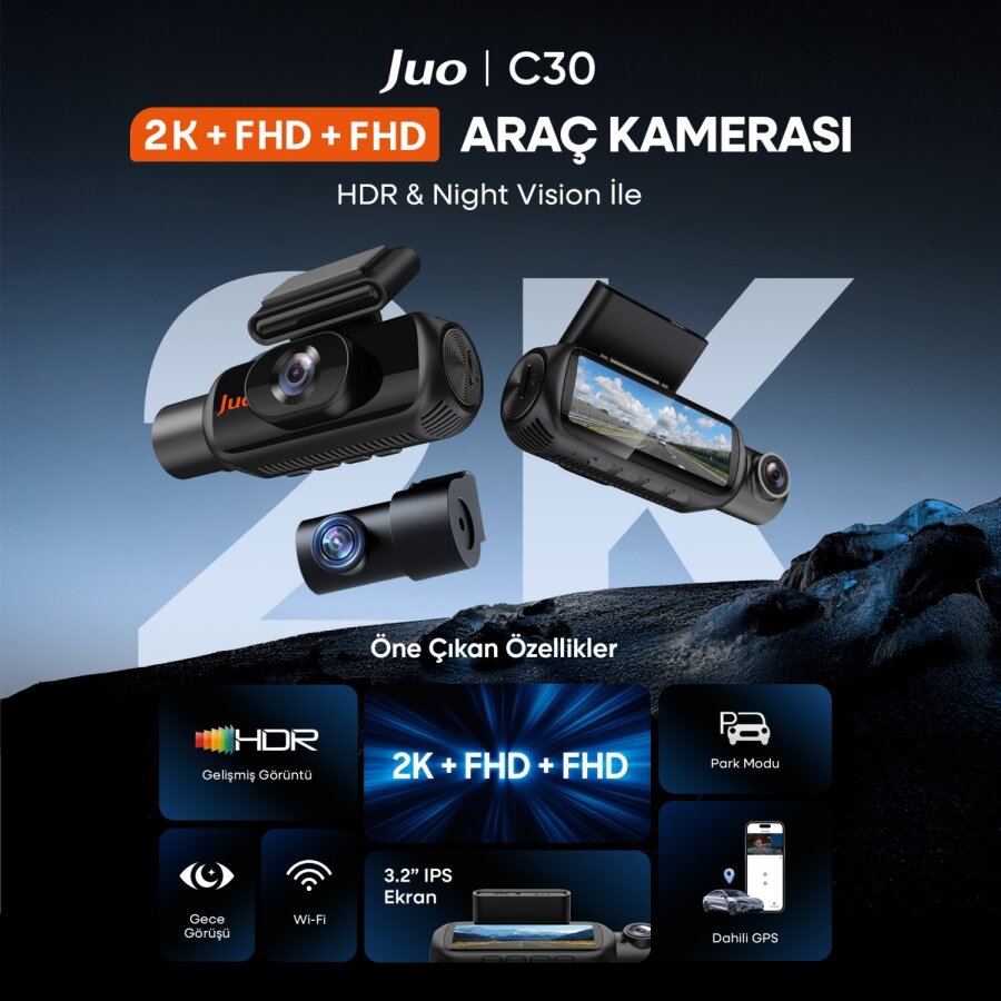Juo C30 2K 3 Kameralı QHD Ön  + FHD İç + FHD Arka WiFi GPS HDR 170 Derece Geniş Açı Gece Görüşlü Ekranlı Araç İçi Kamera - 2