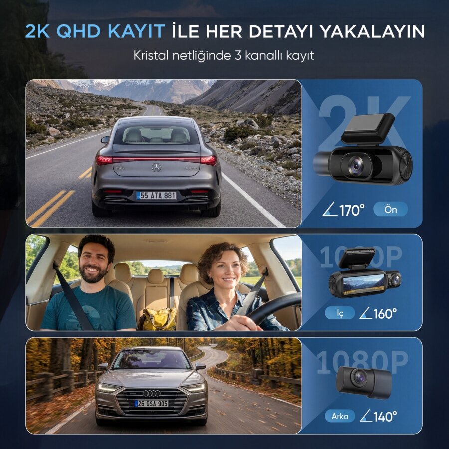 Juo C30 2K 3 Kameralı QHD Ön  + FHD İç + FHD Arka WiFi GPS HDR 170 Derece Geniş Açı Gece Görüşlü Ekranlı Araç İçi Kamera - 3