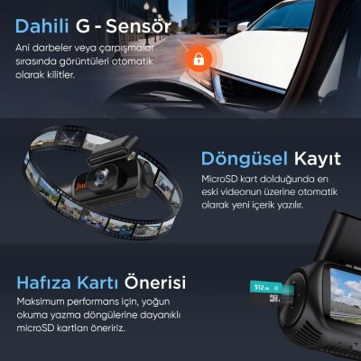 Juo C30 2K 3 Kameralı QHD Ön  + FHD İç + FHD Arka WiFi GPS HDR 170 Derece Geniş Açı Gece Görüşlü Ekranlı Araç İçi Kamera - 6