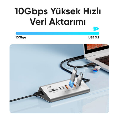 Juo JH432 Type-C ve USB-A 8 Portlu 4*USB-A 2*Type-C 10Gbps USB Hub Çoklayıcı SD/MicroSD Kart Okuyucu Dönüştürücü Hub - 3