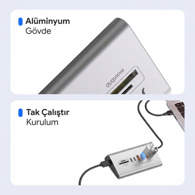 Juo JH432 Type-C ve USB-A 8 Portlu 4*USB-A 2*Type-C 10Gbps USB Hub Çoklayıcı SD/MicroSD Kart Okuyucu Dönüştürücü Hub - 6
