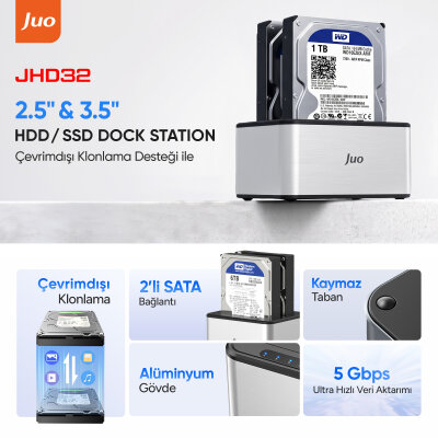 Juo JHD32 USB 3.0 Çift Yuvalı 2.5" ve 3.5" inç SATA HDD SSD Offline Clone Docking Station Klon Fonksiyonlu Disk İstasyonu - 2