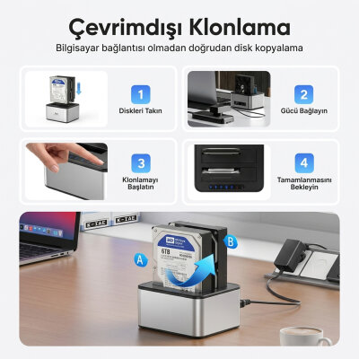 Juo JHD32 USB 3.0 Çift Yuvalı 2.5" ve 3.5" inç SATA HDD SSD Offline Clone Docking Station Klon Fonksiyonlu Disk İstasyonu - 3