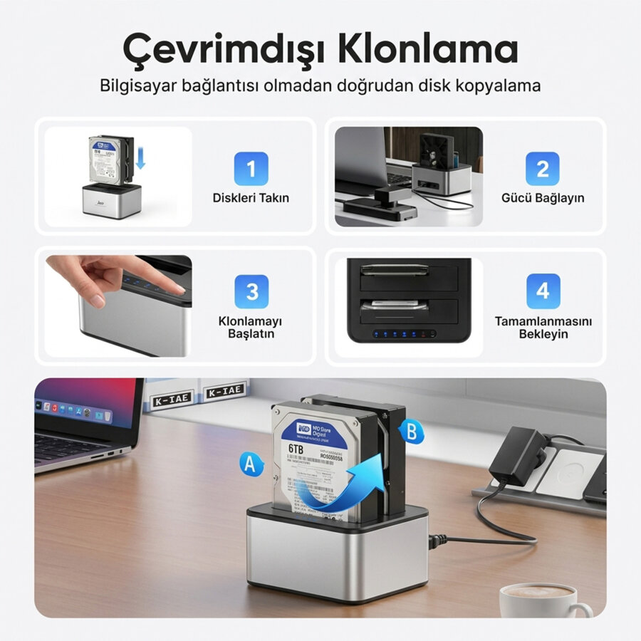Juo JHD32 USB 3.0 Çift Yuvalı 2.5" ve 3.5" inç SATA HDD SSD Offline Clone Docking Station Klon Fonksiyonlu Disk İstasyonu - 3