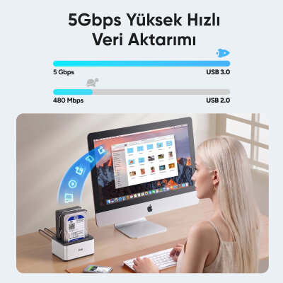 Juo JHD32 USB 3.0 Çift Yuvalı 2.5" ve 3.5" inç SATA HDD SSD Offline Clone Docking Station Klon Fonksiyonlu Disk İstasyonu - 4