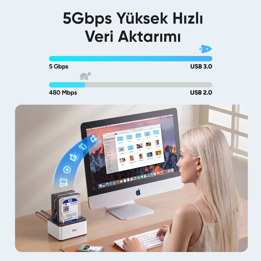 Juo JHD32 USB 3.0 Çift Yuvalı 2.5" ve 3.5" inç SATA HDD SSD Offline Clone Docking Station Klon Fonksiyonlu Disk İstasyonu - 4