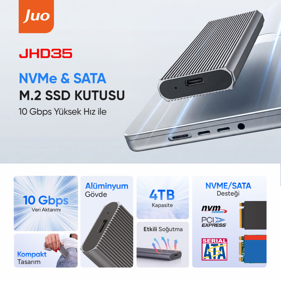 Juo JHD35 M.2 SATA ve NVMe SSD Dual Protocol Disk Kutusu Type-C USB 3.1 10Gbps Alüminyum 4TB Destekli Harici SSD Disk Kutusu - 2