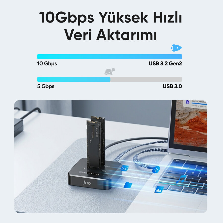 Juo JHD38 Dual M.2 NVMe SSD Offline Clone Docking Station 16TB Type-C 10Gbps USB 3.2 Klon Fonksiyonlu Disk İstasyonu - 3