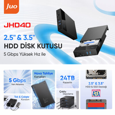 Juo JHD40 2.5" ve 3.5" İnç SATA HDD SSD Harici Disk Kutusu, USB 3.1 Type-C 5Gbps, 3 Port USB Hub, 24TB Destekli - 2
