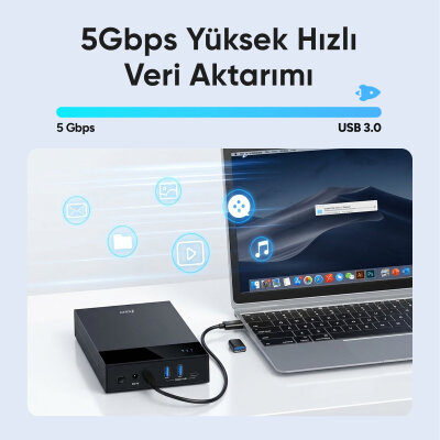 Juo JHD40 2.5" ve 3.5" İnç SATA HDD SSD Harici Disk Kutusu, USB 3.1 Type-C 5Gbps, 3 Port USB Hub, 24TB Destekli - 3