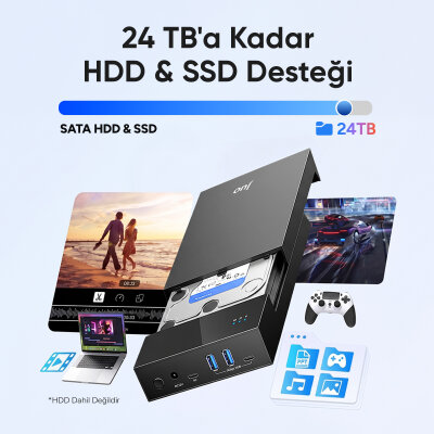 Juo JHD40 2.5" ve 3.5" İnç SATA HDD SSD Harici Disk Kutusu, USB 3.1 Type-C 5Gbps, 3 Port USB Hub, 24TB Destekli - 4