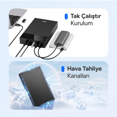 Juo JHD40 2.5" ve 3.5" İnç SATA HDD SSD Harici Disk Kutusu, USB 3.1 Type-C 5Gbps, 3 Port USB Hub, 24TB Destekli - 5