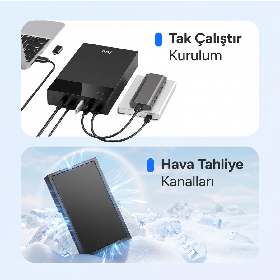 Juo JHD40 2.5" ve 3.5" İnç SATA HDD SSD Harici Disk Kutusu, USB 3.1 Type-C 5Gbps, 3 Port USB Hub, 24TB Destekli - 5