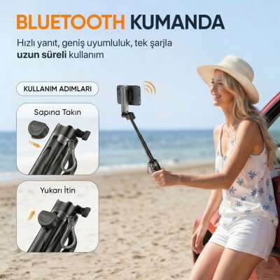 Juo JST20 Kumandalı Mini Tripod Monopod Selfie Çubuğu Android iPhone Uyumlu Siyah - 3