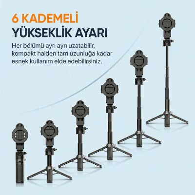 Juo JST30 Magsafe Manyetik Kumandalı Tripod Monopod Selfie Çubuğu Android iPhone Uyumlu Siyah - 6