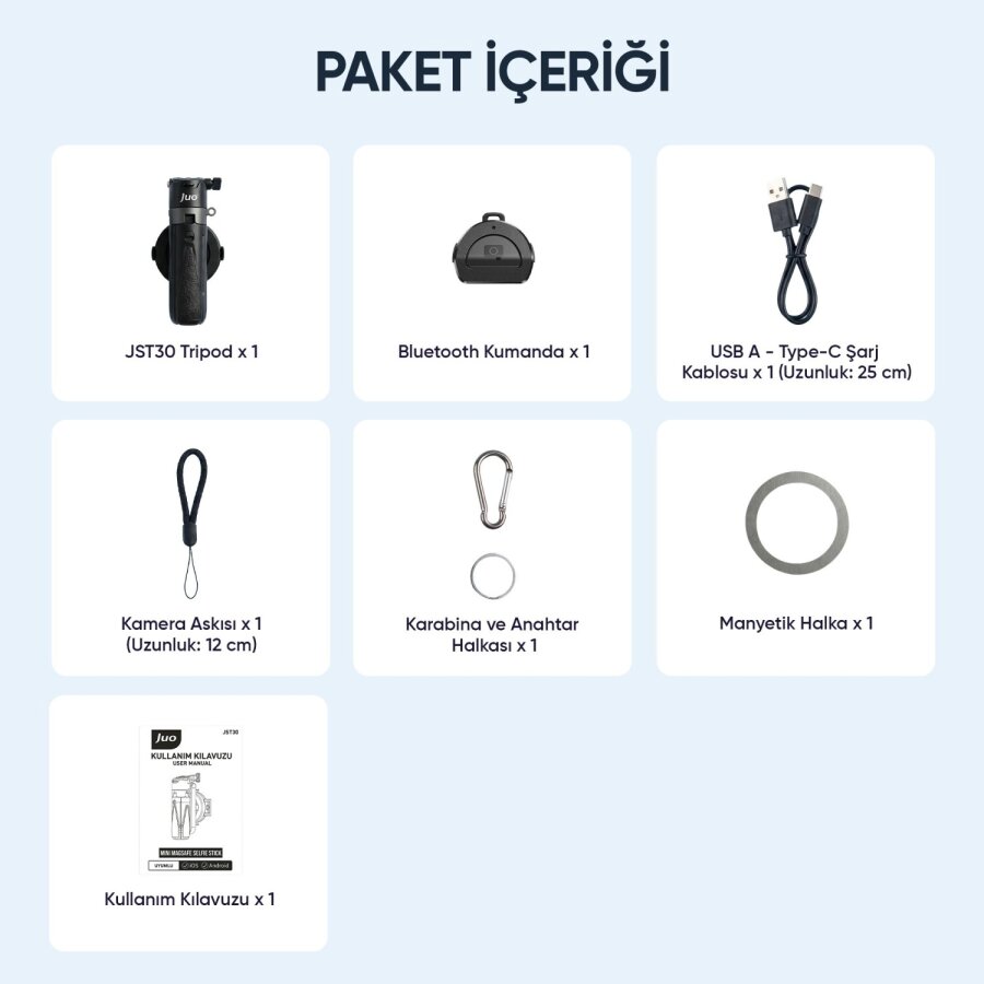 Juo JST30 Magsafe Manyetik Kumandalı Tripod Monopod Selfie Çubuğu Android iPhone Uyumlu Siyah - 11