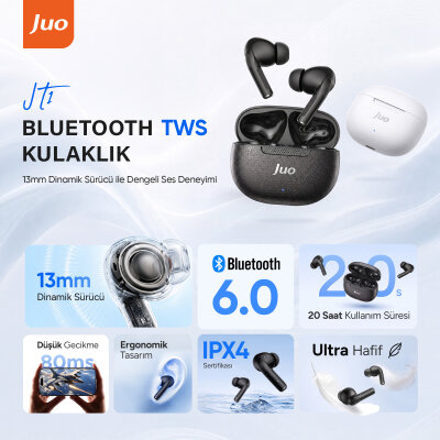 Juo JT1 Bluetooth 6.0 TWS Kablosuz Kulak İçi Kulaklık 20 Saat Pil Ömrü 13mm Sürücü IPX4 Beyaz - 3