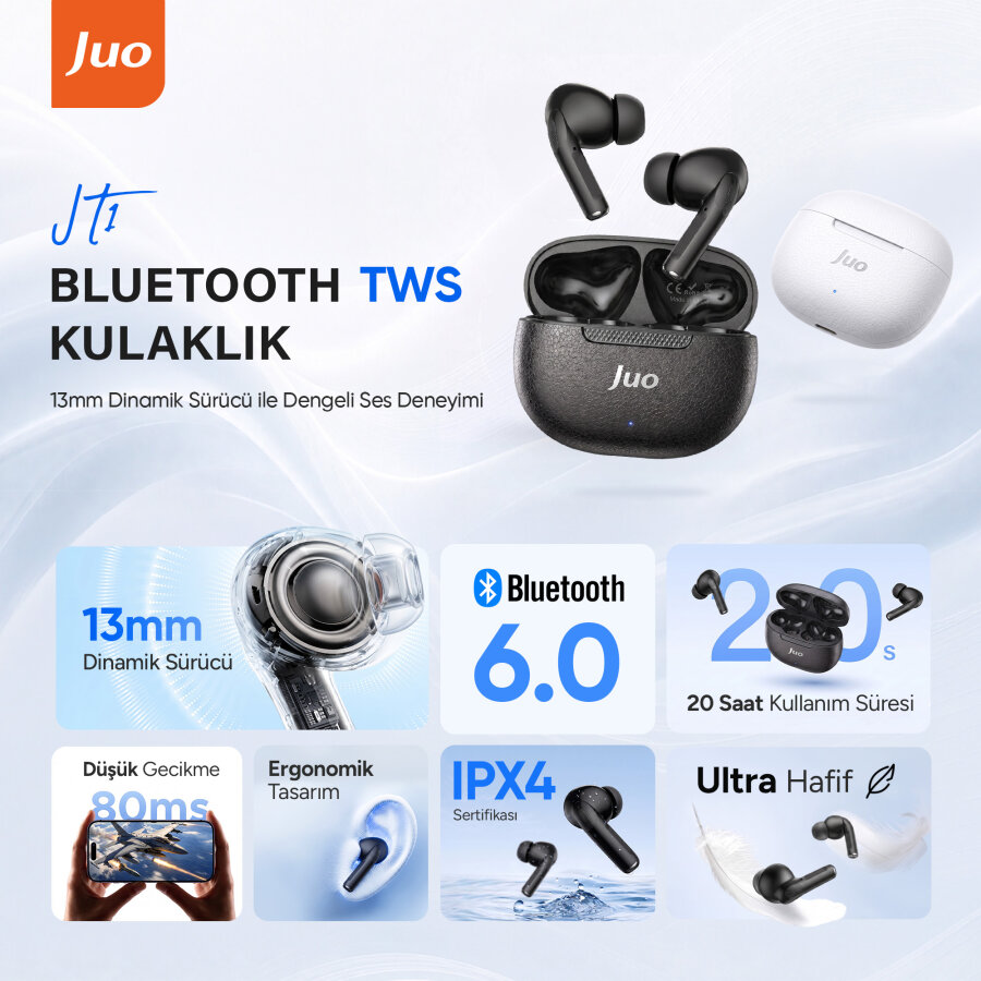 Juo JT1 Bluetooth 6.0 TWS Kablosuz Kulak İçi Kulaklık 20 Saat Pil Ömrü 13mm Sürücü IPX4 Beyaz - 3
