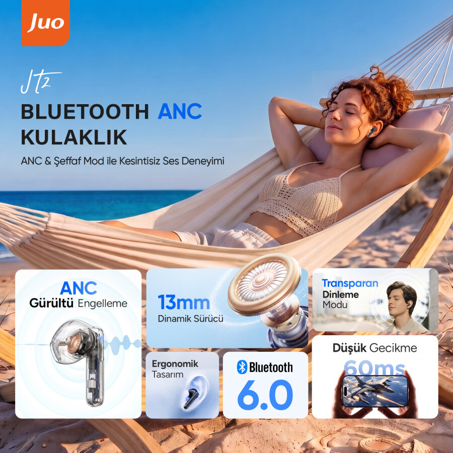Juo JT2 Bluetooth 6.0 TWS Kablosuz Kulak İçi Kulaklık 4 Mikrofonlu ANC ENC Gürültü Engelleme 13mm Sürücü Beyaz - 3