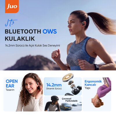 Juo JT3 Bluetooth 6.0 Open Ear OWS Kablosuz Bluetooth Kulaklık 14.2mm Sürücü Kulak Kancalı Açık Spor Kulaklığı 90 saat Pil Ömrü Beyaz - 2