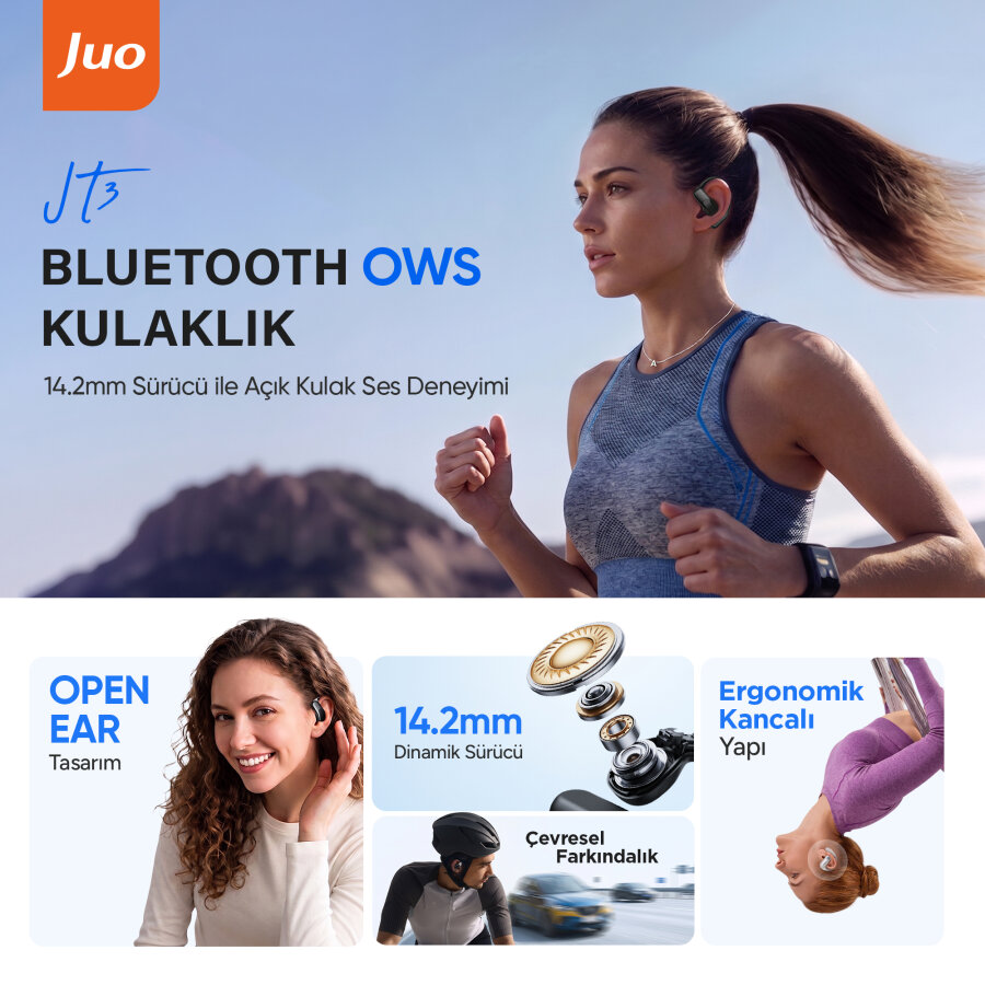 Juo JT3 Bluetooth 6.0 Open Ear OWS Kablosuz Bluetooth Kulaklık 14.2mm Sürücü Kulak Kancalı Açık Spor Kulaklığı 90 saat Pil Ömrü Beyaz - 2