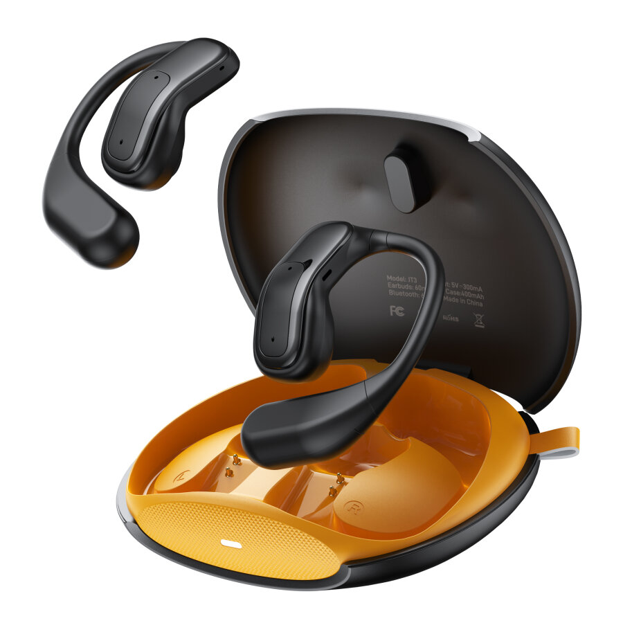 Juo JT3 Bluetooth 6.0 Open Ear OWS Kablosuz Bluetooth Kulaklık 14.2mm Sürücü Kulak Kancalı Açık Spor Kulaklığı 90 saat Pil Ömrü Siyah - 1