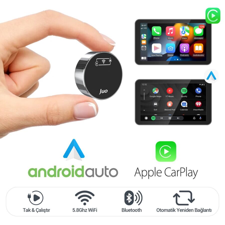 Juo Kablosuz CarPlay Android Auto Kabloludan Kablosuza Çevirici USB ve Type-C Adaptör - 1