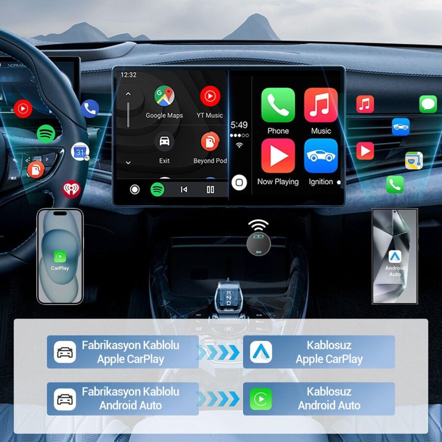 Juo Kablosuz CarPlay Android Auto Kabloludan Kablosuza Çevirici USB ve Type-C Adaptör - 5