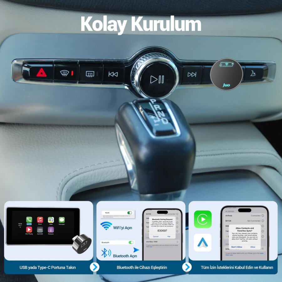 Juo Kablosuz CarPlay Android Auto Kabloludan Kablosuza Çevirici USB ve Type-C Adaptör - 9