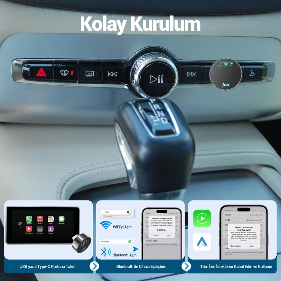 Juo Kablosuz CarPlay Android Auto Kabloludan Kablosuza Çevirici USB ve Type-C Adaptör - 9