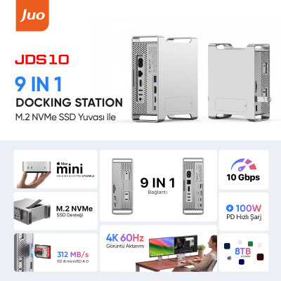 Juo Mac Mini M6, M5 Pro, M4 için Dock Station NVMe SSD Kutusu USB Çoklayıcı Hub 10Gbps 4K 60Hz HDMI SD/TF 4.0 Kart Okuyucu 100W PD Alüminyum Stand - 2