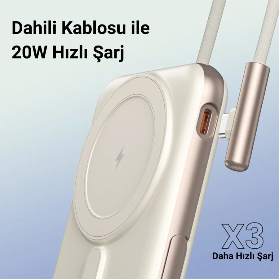 Juo Magsafe Powerbank 10000 mAh Standlı 20W Dahili Type-C Kablolu Taşınabilir Hızlı Şarj Cihazı Beyaz - 5