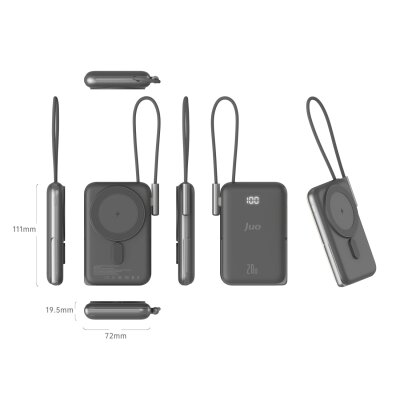 Juo Magsafe Powerbank 10000 mAh Standlı 20W Dahili Type-C Kablolu Taşınabilir Hızlı Şarj Cihazı Siyah - 7