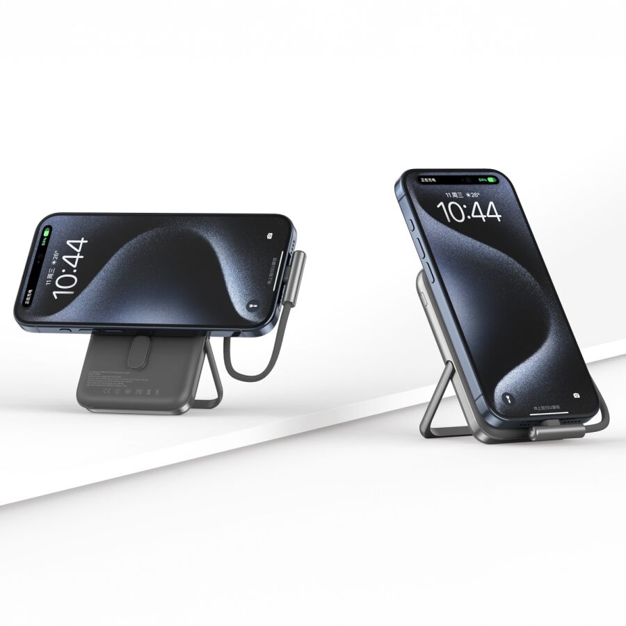 Juo Magsafe Powerbank 10000 mAh Standlı 20W Dahili Type-C Kablolu Taşınabilir Hızlı Şarj Cihazı Siyah - 6