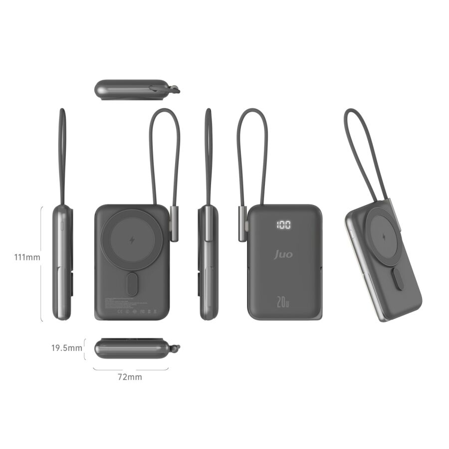 Juo Magsafe Powerbank 10000 mAh Standlı 20W Dahili Type-C Kablolu Taşınabilir Hızlı Şarj Cihazı Siyah - 7