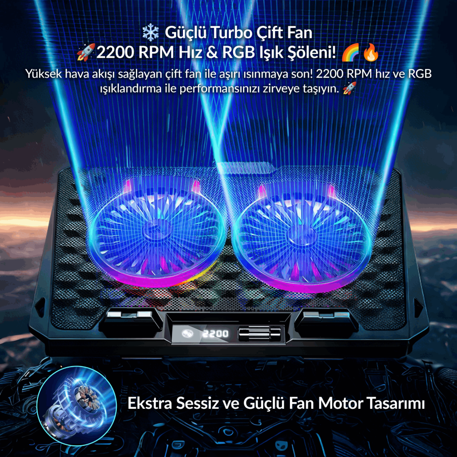 Juo Odin RGB Işıklı Gaming 2200RPM Çift Fan LED Display Laptop Notebook Soğutucu Stand - 2