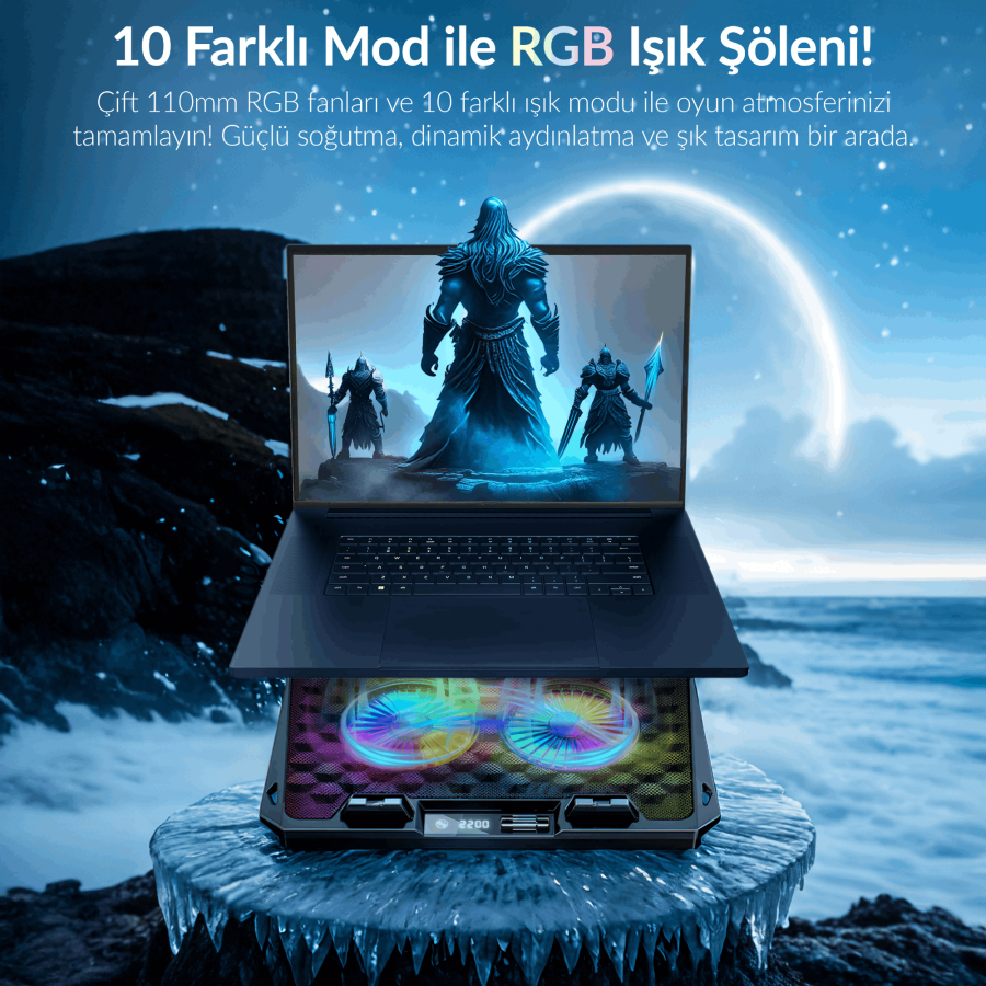 Juo Odin RGB Işıklı Gaming 2200RPM Çift Fan LED Display Laptop Notebook Soğutucu Stand - 5