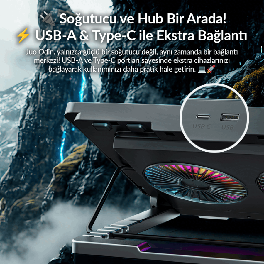 Juo Odin RGB Işıklı Gaming 2200RPM Çift Fan LED Display Laptop Notebook Soğutucu Stand - 6