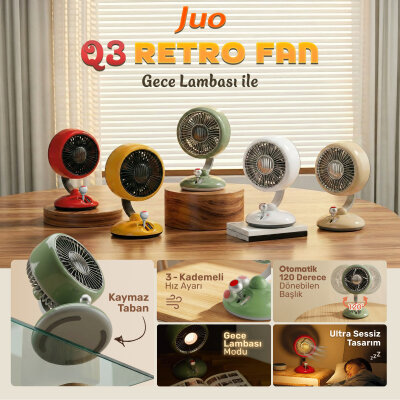 Juo Q3 Şarjlı Masaüstü Fan LED Işıklı Taşınabilir Mini Vantilatör 3 Kademeli Retro Bej - 2
