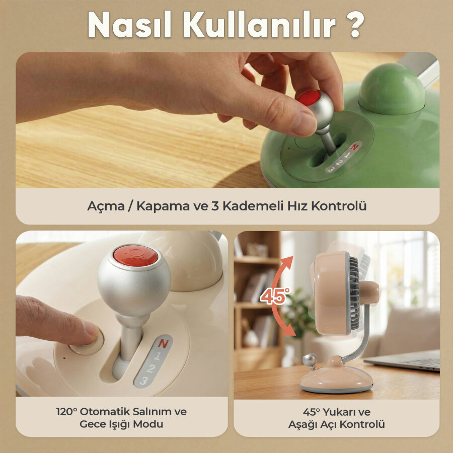 Juo Q3 Şarjlı Masaüstü Fan LED Işıklı Taşınabilir Mini Vantilatör 3 Kademeli Retro Bej - 8