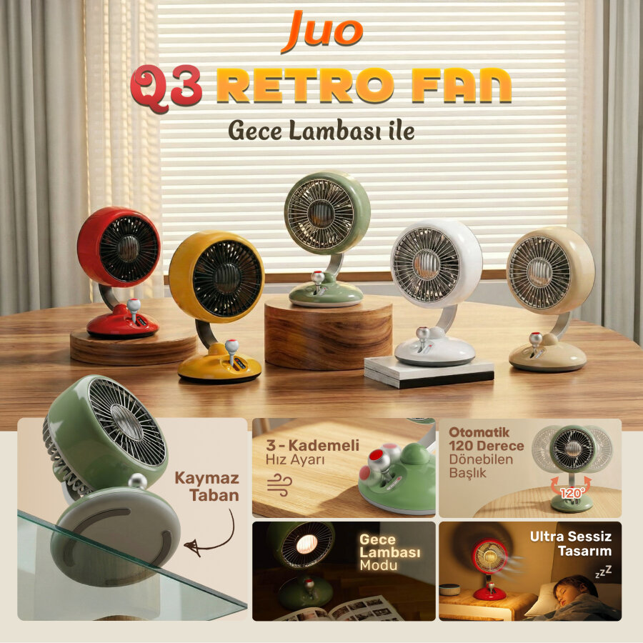 Juo Q3 Şarjlı Masaüstü Fan LED Işıklı Taşınabilir Mini Vantilatör 3 Kademeli Retro Yeşil - 2