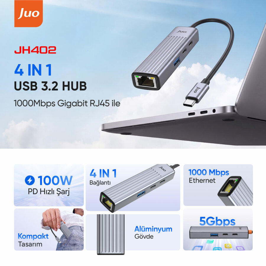 Juo Type-C 4 Portlu 1x USB-A 1x Type-C RJ45 Gigabit Ethernet 100W PD Şarj Girişi Çoklayıcı Dönüştürücü Hub - 2