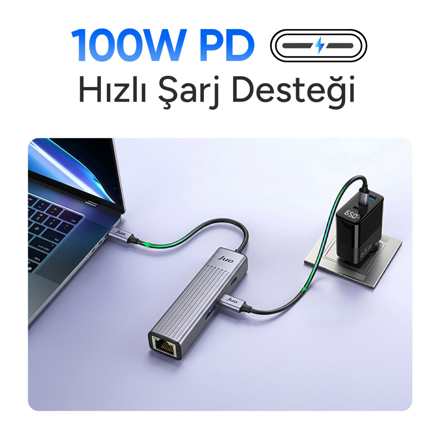 Juo Type-C 4 Portlu 1x USB-A 1x Type-C RJ45 Gigabit Ethernet 100W PD Şarj Girişi Çoklayıcı Dönüştürücü Hub - 5