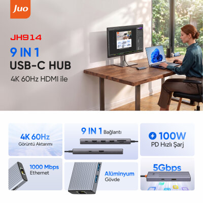 Juo Type-C 9 Portlu 4K 60Hz HDMI Gigabit Ethernet Dönüştürücü SD MicroSD Kart Okuyucu 100W PD 3*USB 3.2 Çoklayıcı Hub - 2
