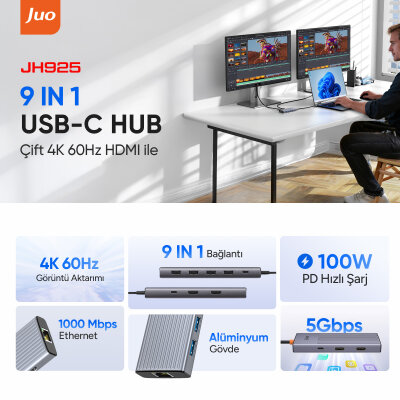 Juo Type-C 9 Portlu Dual 4K 60Hz HDMI MST Gigabit Ethernet Dönüştürücü 100W PD 4*USB 3.2 Çoklayıcı Hub - 2